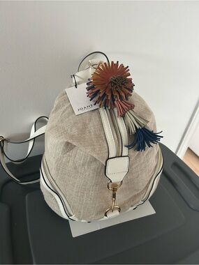Joanel Beige Linen Mini Backpack with Multicolor Tassel